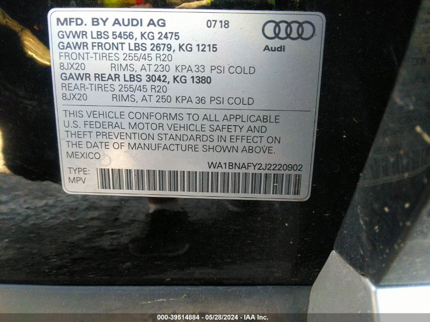 2018 Audi Q5 2.0T Premium/2.0T Tech Premium VIN: WA1BNAFY2J2220902 Lot: 39514884