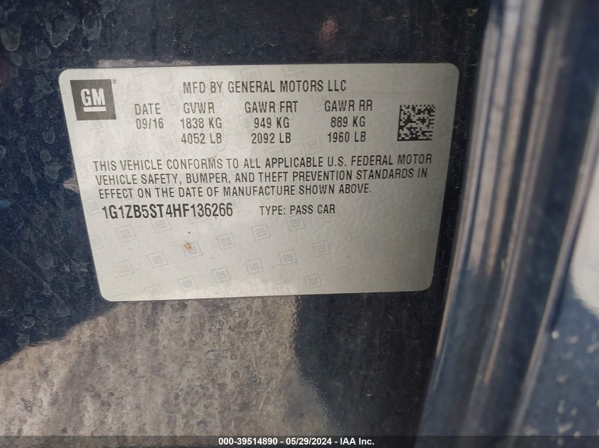 2017 Chevrolet Malibu Ls VIN: 1G1ZB5ST4HF136266 Lot: 39514890