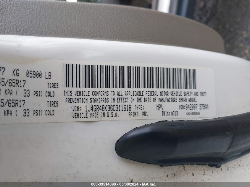 2006 Jeep Grand Cherokee Laredo VIN: 1J4GR48K36C311618 Lot: 39514898