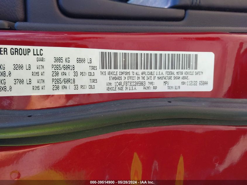 2012 Jeep Grand Cherokee Limited VIN: 1C4RJFBT3CC205863 Lot: 39514900