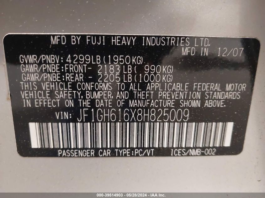 2008 Subaru Impreza 2.5I VIN: JF1GH616X8H825009 Lot: 39514903