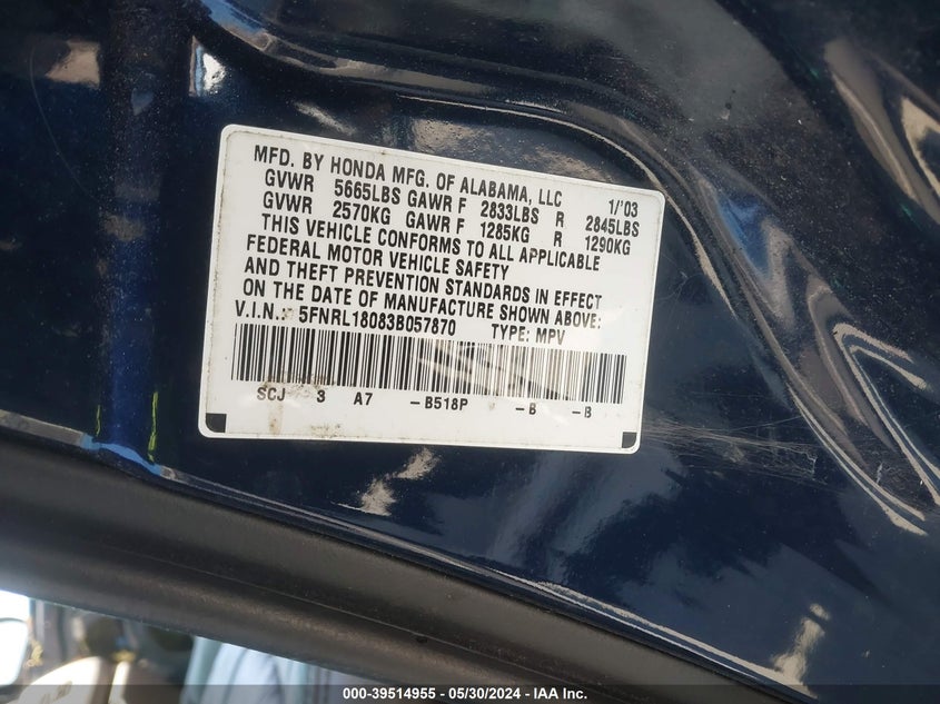 2003 Honda Odyssey Ex-L VIN: 5FNRL18083B057870 Lot: 39514955