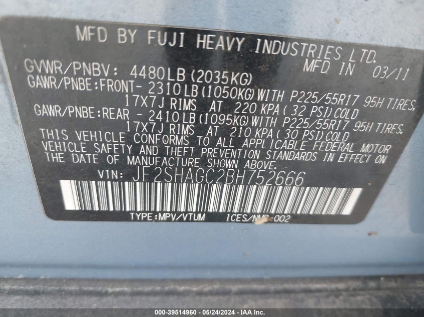 2011 Subaru Forester 2.5X Touring VIN: JF2SHAGC2BH752666 Lot: 39514960