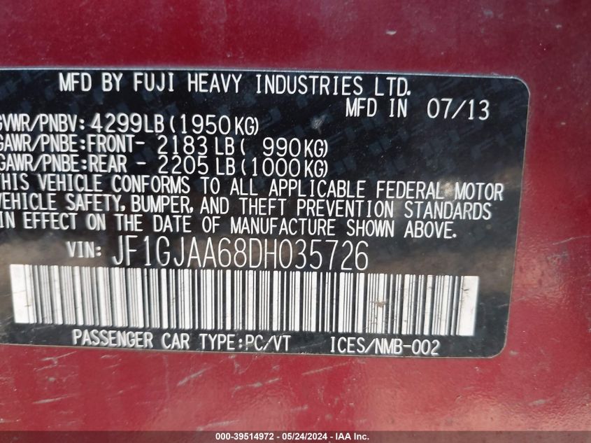 2013 Subaru Impreza 2.0I VIN: JF1GJAA68DH035726 Lot: 39514972