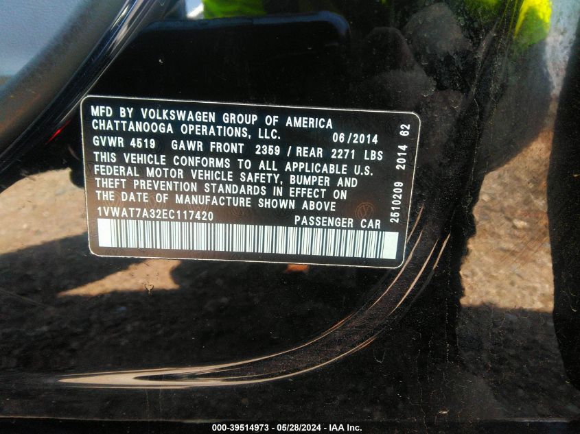 2014 Volkswagen Passat 1.8T Wolfsburg Edition VIN: 1VWAT7A32EC117420 Lot: 39514973