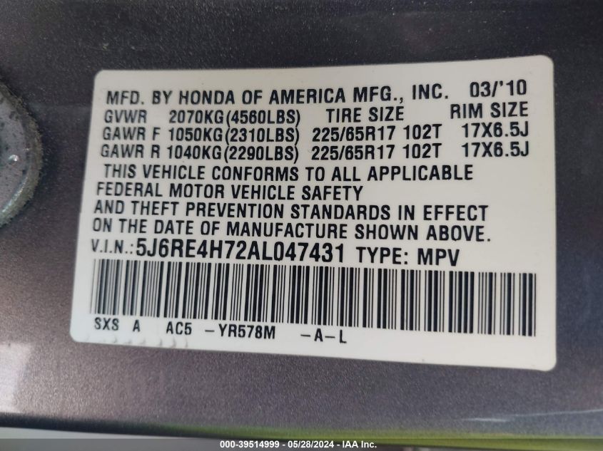 2010 Honda Cr-V Ex-L VIN: 5J6RE4H72AL047431 Lot: 39514999