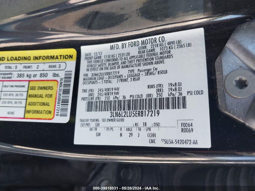 2014 Lincoln Mkz Hybrid VIN: 3LN6L2LU5ER817219 Lot: 39515031