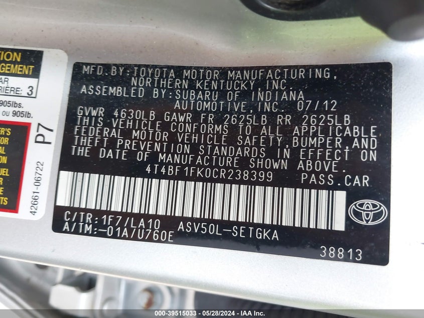 2012 Toyota Camry Xle VIN: 4T4BF1FK0CR238399 Lot: 39515033