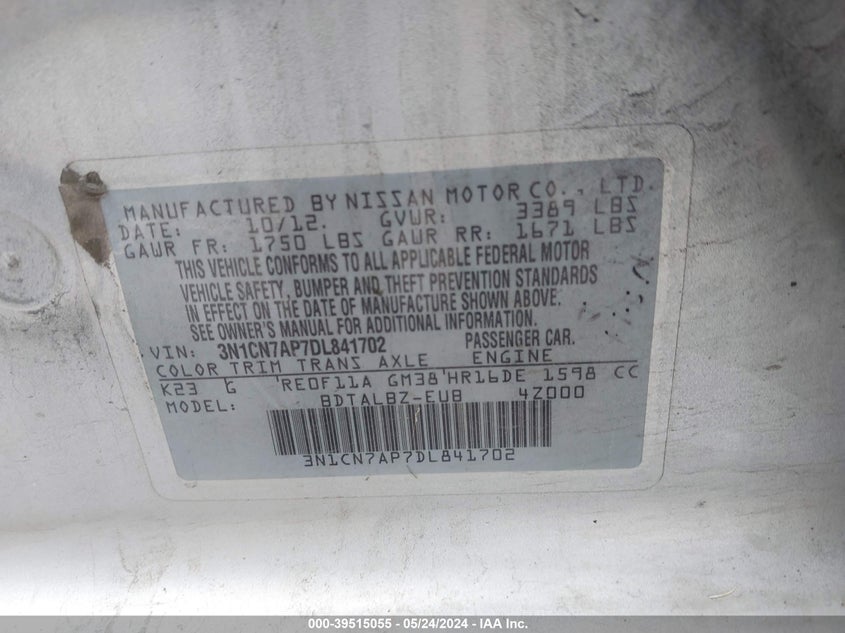 2013 Nissan Versa 1.6 Sv VIN: 3N1CN7AP7DL841702 Lot: 39515055