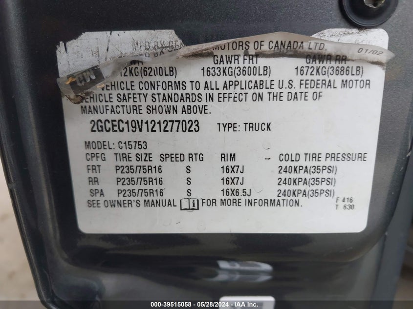 2002 Chevrolet Silverado 1500 Ls VIN: 2GCEC19V121277023 Lot: 39515058