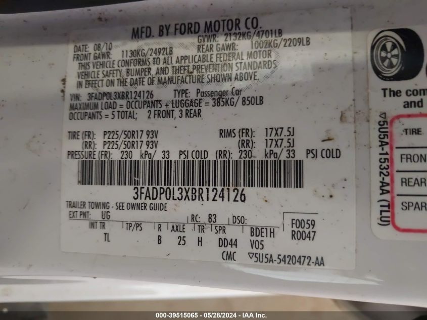 2011 Ford Fusion Hybrid VIN: 3FADP0L3XBR124126 Lot: 39515065