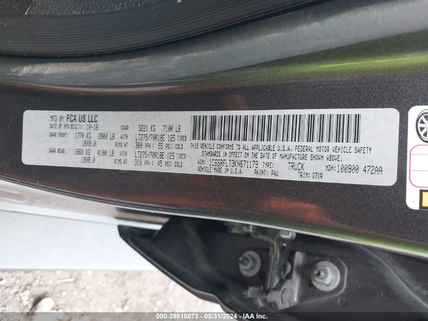 2019 Ram 1500 Rebel 4X4 5'7 Box VIN: 1C6SRFLT3KN671179 Lot: 39515073