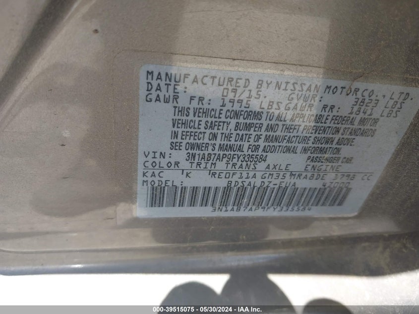 2015 Nissan Sentra Sv VIN: 3N1AB7AP9FY335584 Lot: 39515075