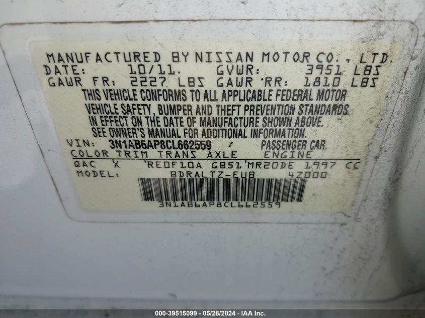 3N1AB6AP8CL662559 | 2012 NISSAN SENTRA