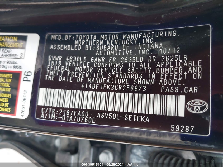 2012 Toyota Camry L VIN: 4T4BF1FK3CR258873 Lot: 39515104