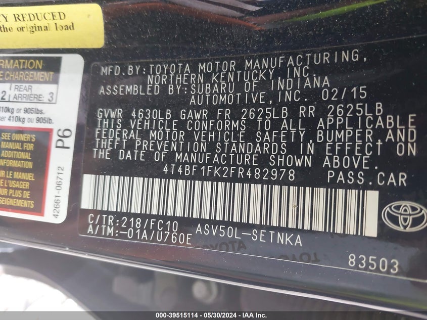 2015 Toyota Camry Le VIN: 4T4BF1FK2FR482978 Lot: 39515114