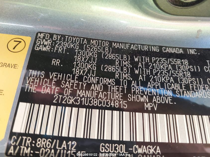 2008 Lexus Rx 350 VIN: 2T2GK31U38C034815 Lot: 39515122