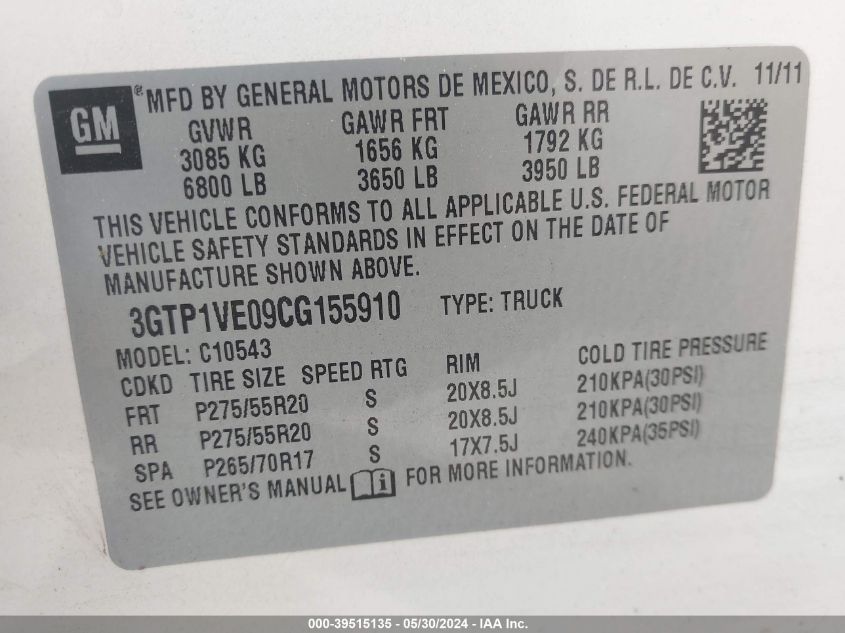 2012 GMC Sierra 1500 Sle VIN: 3GTP1VE09CG155910 Lot: 39515135