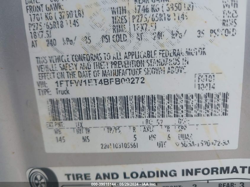 2011 Ford F-150 Xlt VIN: 1FTFW1ET4BFB09272 Lot: 39515144