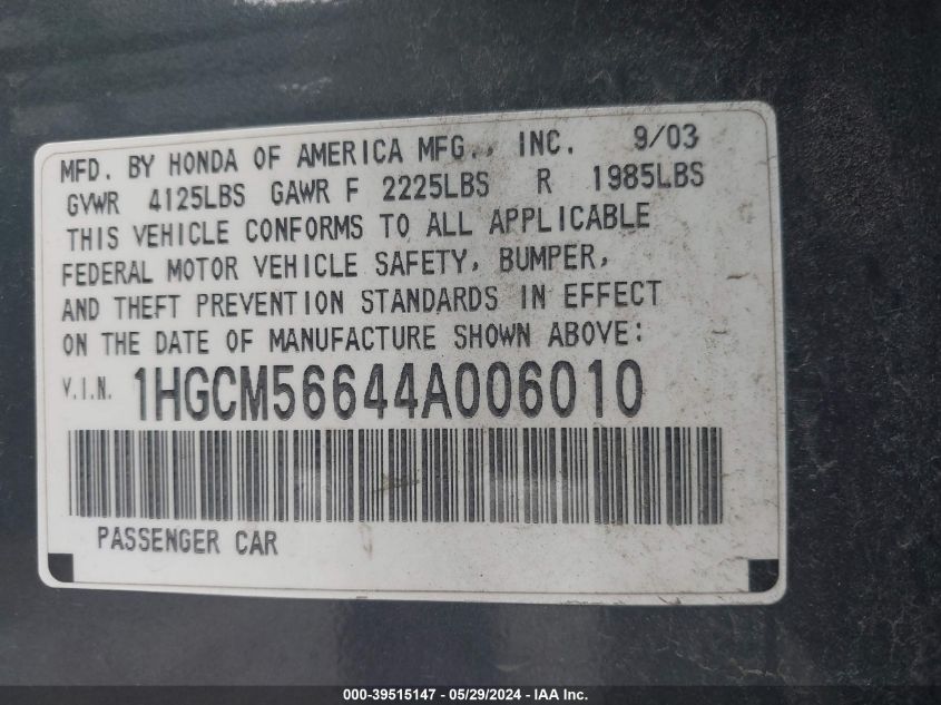 2004 Honda Accord 2.4 Ex VIN: 1HGCM56644A006010 Lot: 39515147