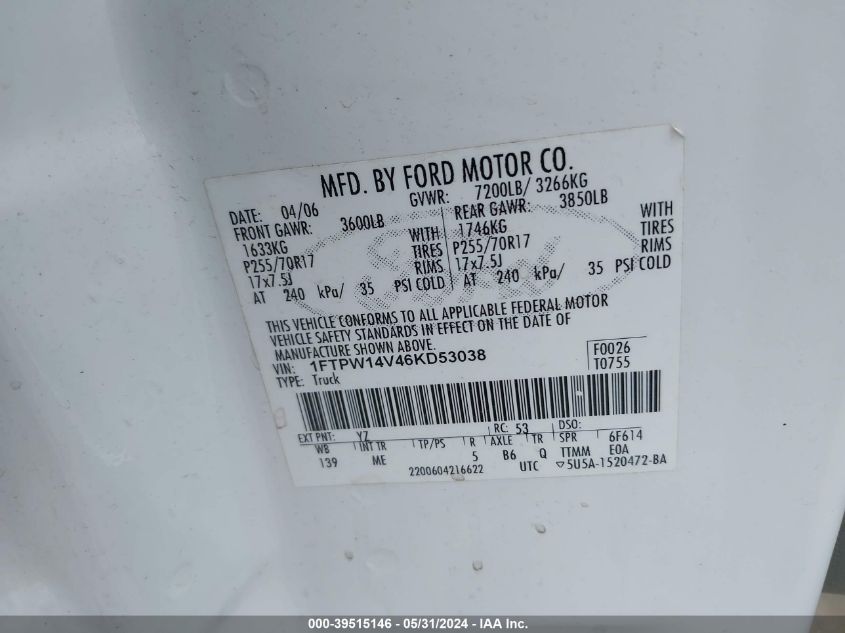 2006 Ford F-150 Fx4/Lariat/Xlt VIN: 1FTPW14V46KD53038 Lot: 39515146