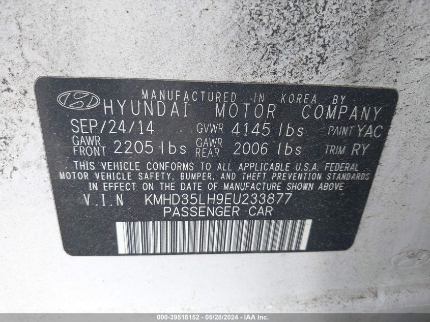 2014 Hyundai Elantra Gt VIN: KMHD35LH9EU233877 Lot: 39515152