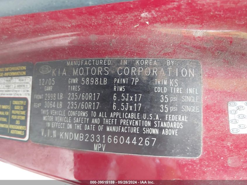 2006 Kia Sedona Ex/Lx VIN: KNDMB233166044267 Lot: 39515159