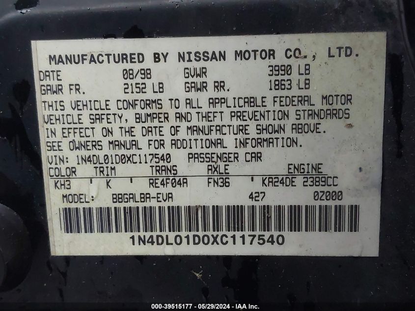 1999 Nissan Altima Gle/Gxe/Se/Se-L/Xe VIN: 1N4DL01D0XC117540 Lot: 39515177