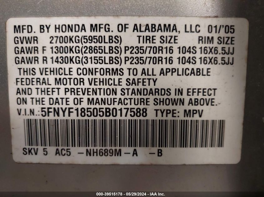 2005 Honda Pilot Ex-L VIN: 5FNYF18505B017588 Lot: 39515178