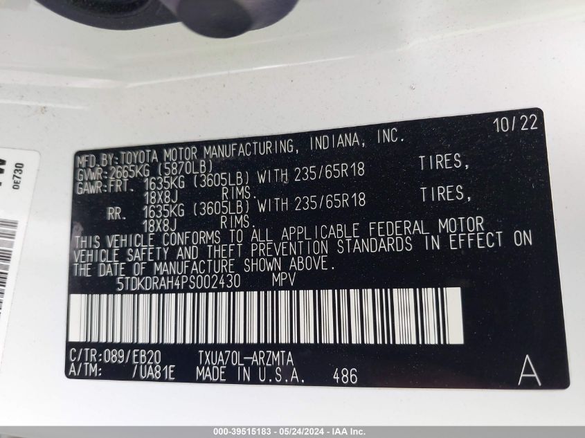 2023 Toyota Highlander Xle VIN: 5TDKDRAH4PS002430 Lot: 39515183