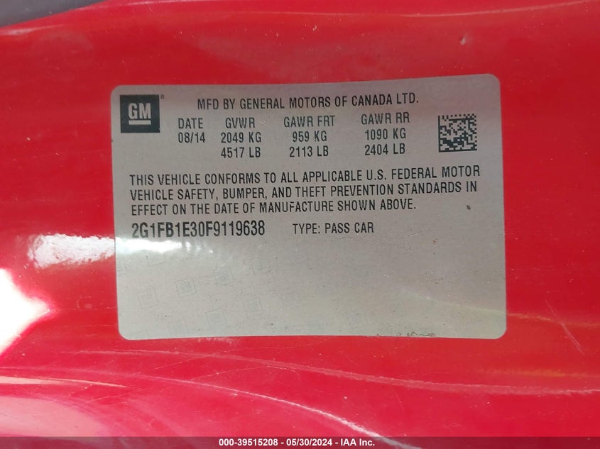 2015 Chevrolet Camaro 2Ls VIN: 2G1FB1E30F9119638 Lot: 39515208