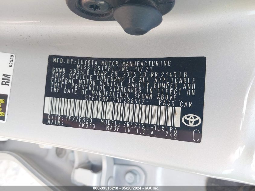 2022 TOYOTA COROLLA LE - 5YFEPMAE7NP288647