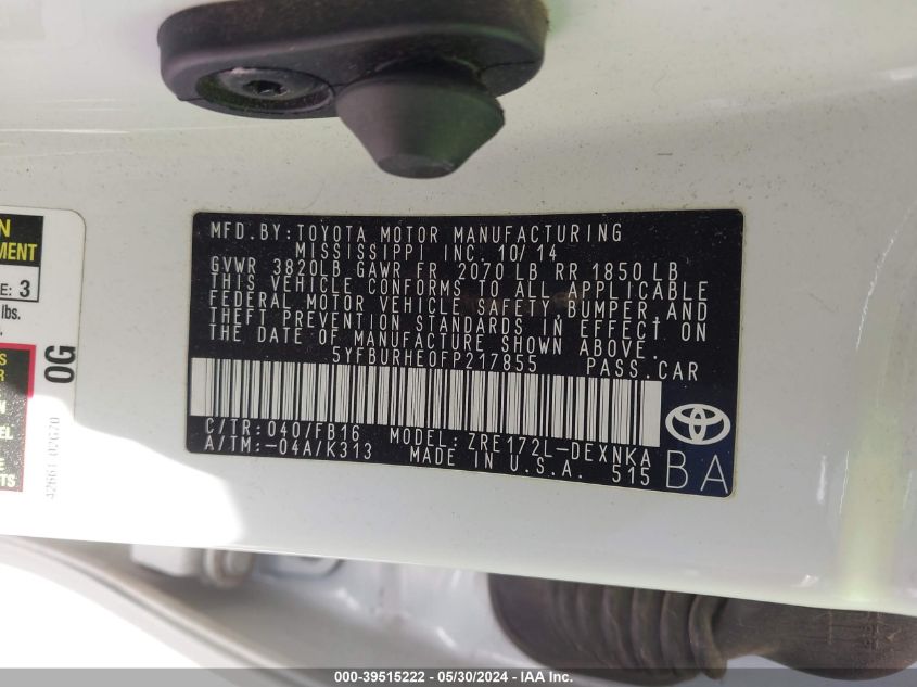 2015 TOYOTA COROLLA L/LE/LE PLS/PRM/S/S PLS - 5YFBURHE0FP217855