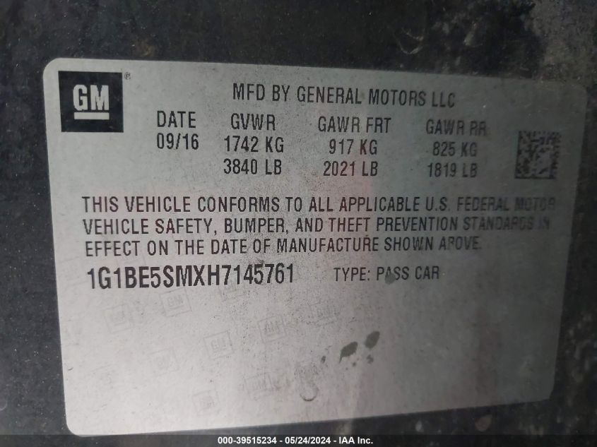 2017 Chevrolet Cruze Lt Auto VIN: 1G1BE5SMXH7145761 Lot: 39515234