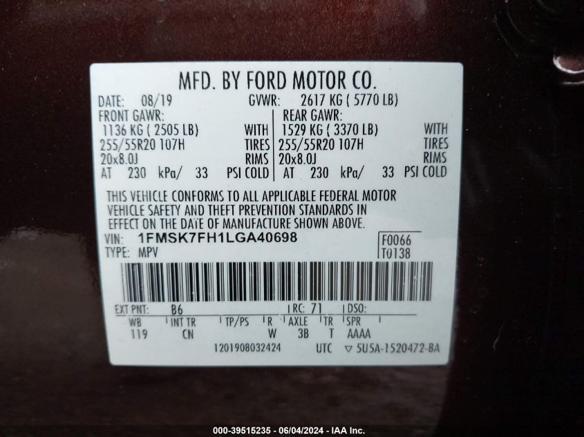 2020 Ford Explorer Limited VIN: 1FMSK7FH1LGA40698 Lot: 39515235