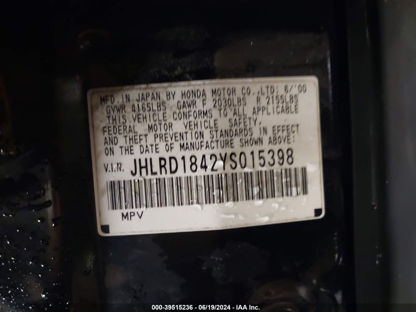 2000 Honda Cr-V Lx VIN: JHLRD1842YS015398 Lot: 39515236