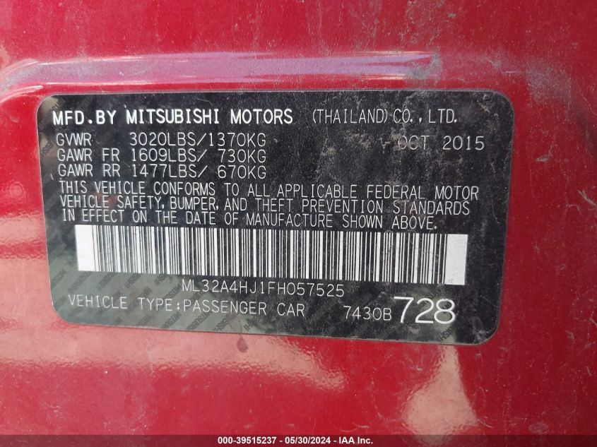 2015 Mitsubishi Mirage Es/Rf VIN: ML32A4HJ1FH057525 Lot: 39515237