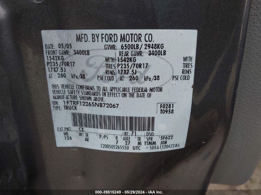 2005 Ford F-150 Stx/Xl/Xlt VIN: 1FTRF12265NB72067 Lot: 39515249