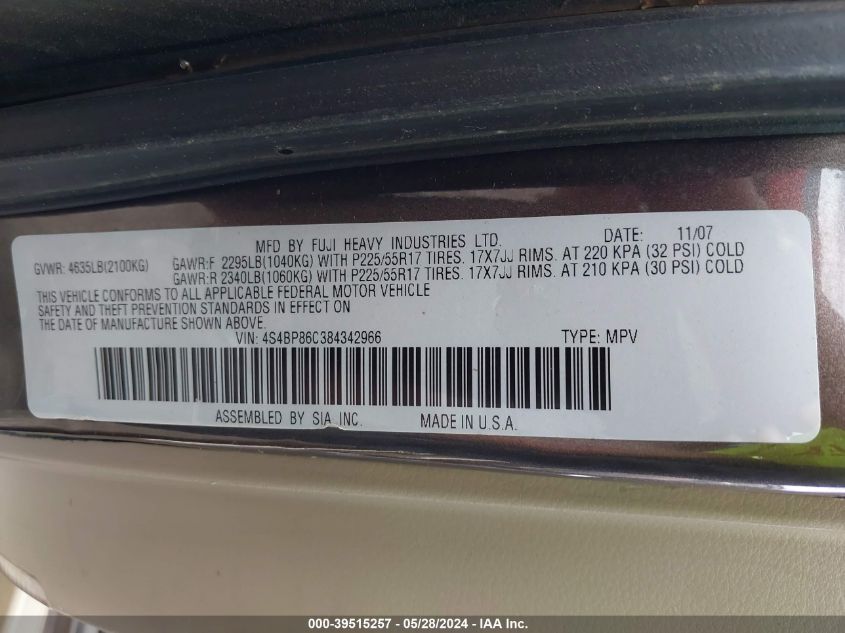 2008 Subaru Outback 3.0R L.l. Bean Edition VIN: 4S4BP86C384342966 Lot: 39515257