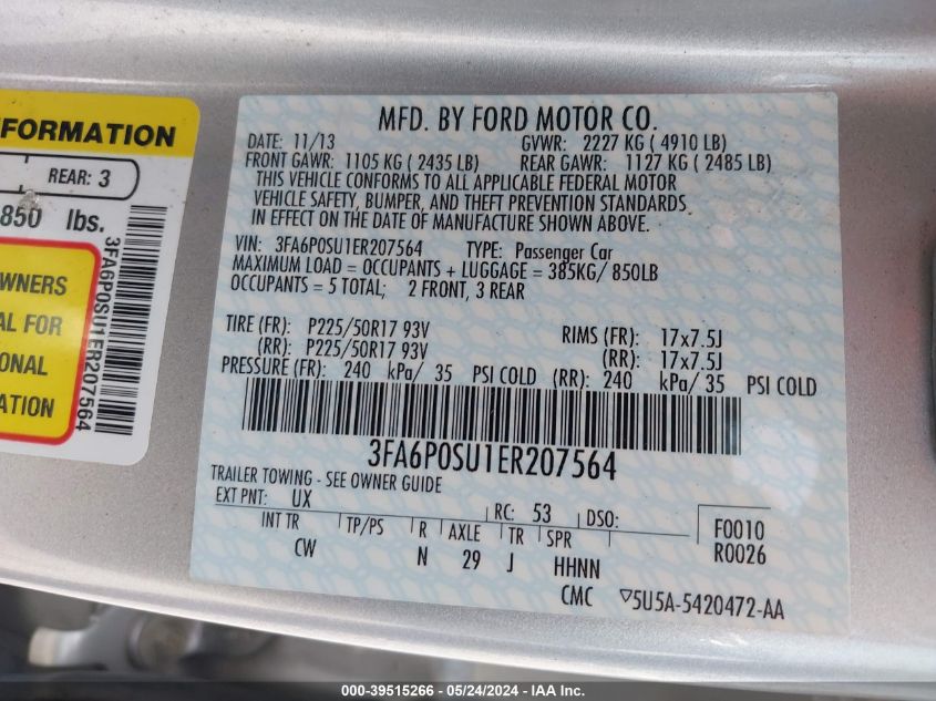 2014 Ford Fusion Energi Titanium VIN: 3FA6P0SU1ER207564 Lot: 39515266