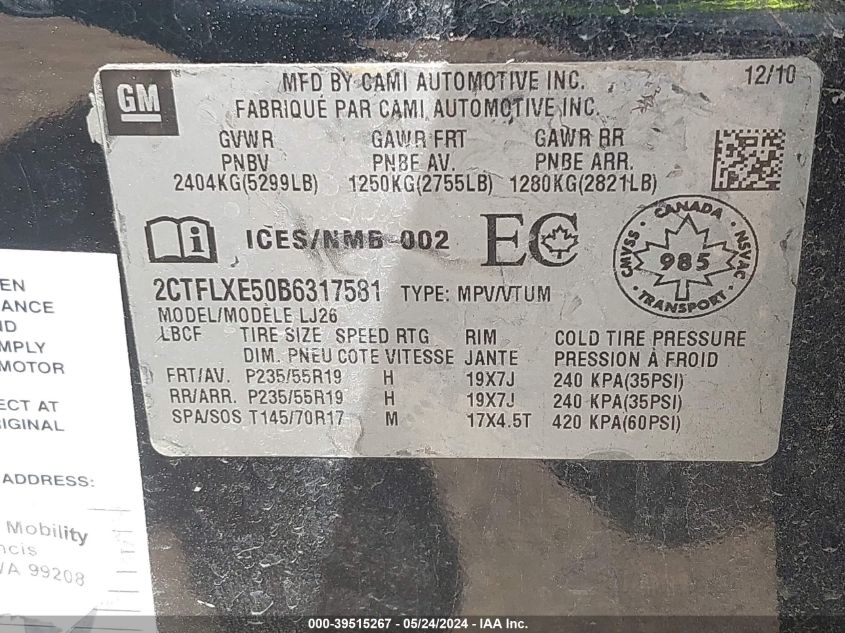 2011 GMC Terrain Slt-2 VIN: 2CTFLXE50B6317581 Lot: 39515267