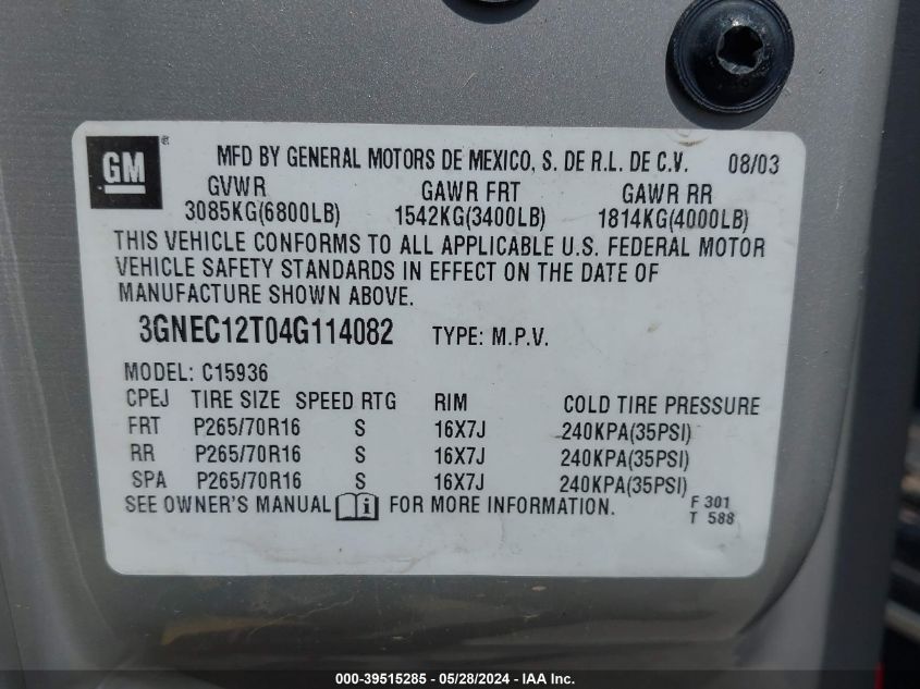 2004 Chevrolet Avalanche 1500 VIN: 3GNEC12T04G114082 Lot: 39515285