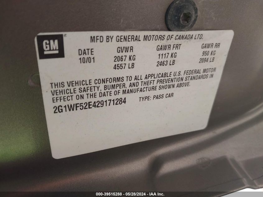 2002 Chevrolet Impala VIN: 2G1WF52E429171284 Lot: 39515288