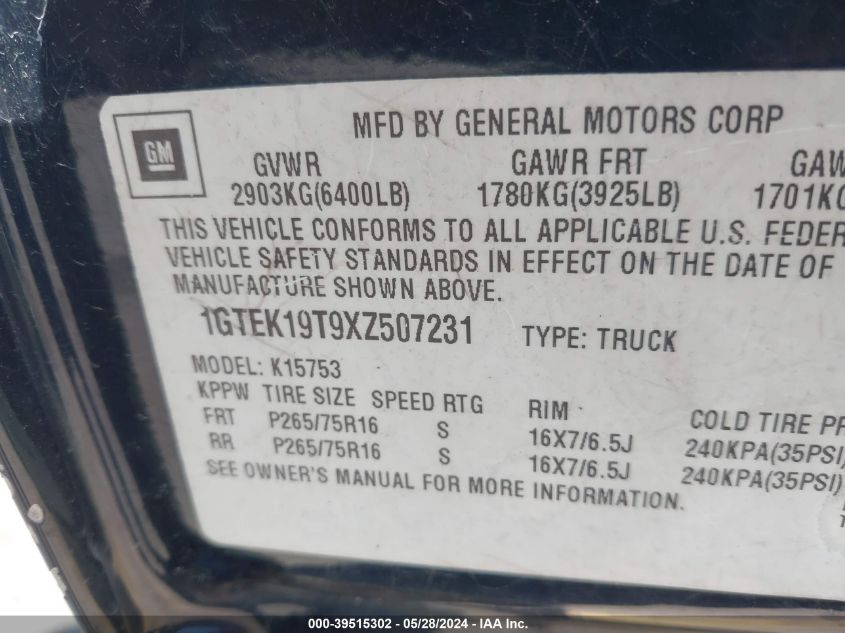 1999 GMC Sierra 1500 Sle VIN: 1GTEK19T9XZ507231 Lot: 39515302