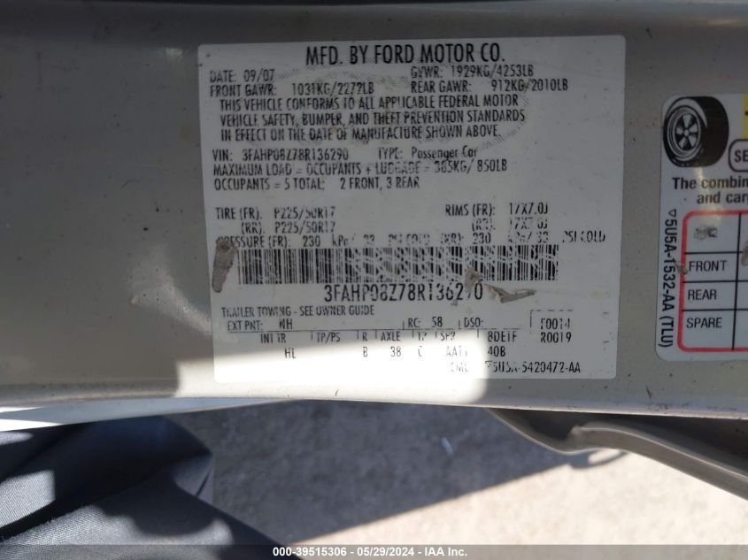 2008 Ford Fusion Sel VIN: 3FAHP08Z78R136290 Lot: 39515306