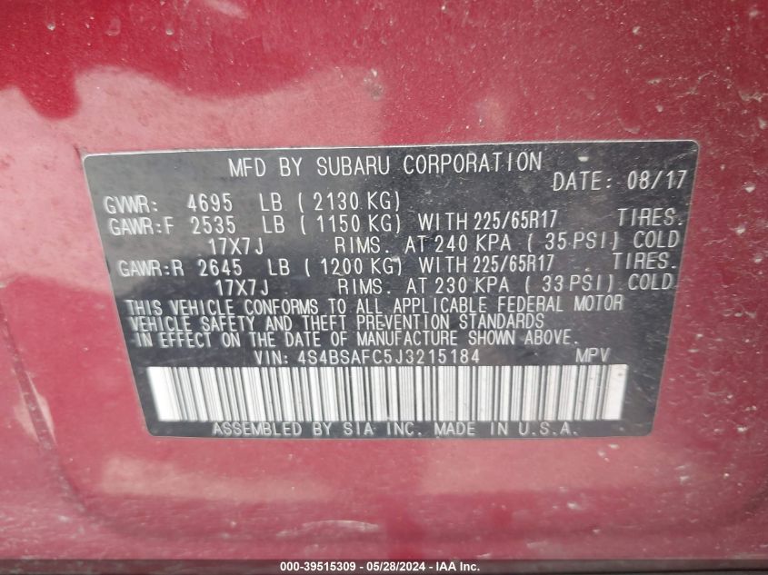 2018 Subaru Outback 2.5I Premium VIN: 4S4BSAFC5J3215184 Lot: 39515309