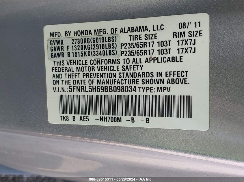 5FNRL5H69BB098034 2011 Honda Odyssey Ex-L