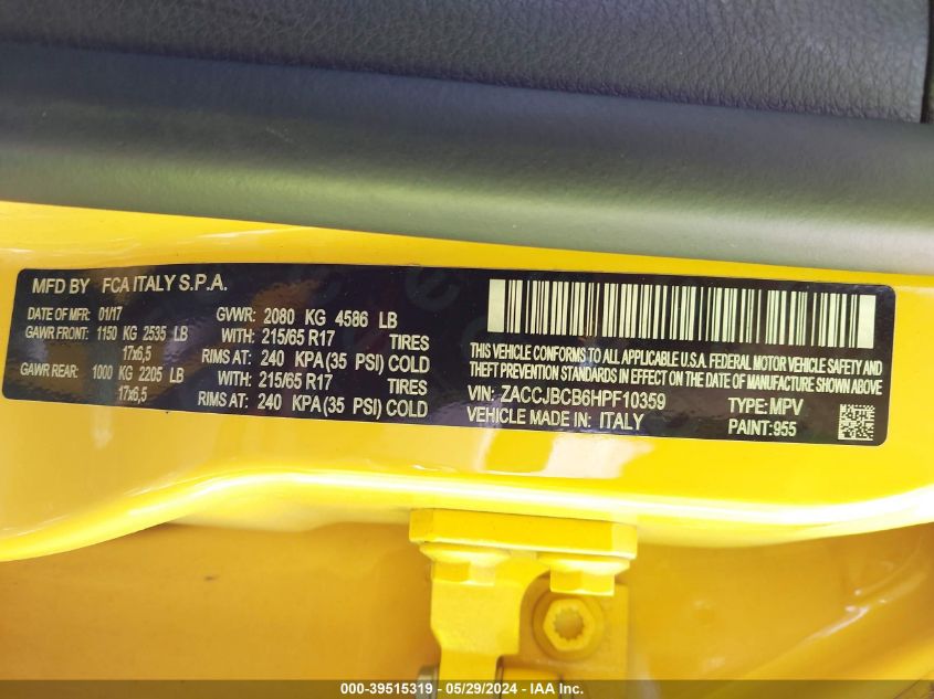 2017 Jeep Renegade Trailhawk 4X4 VIN: ZACCJBCB6HPF10359 Lot: 39515319