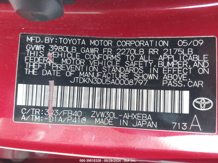 2010 Toyota Prius Ii VIN: JTDKN3DU5A0008797 Lot: 39515326