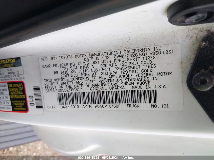 2008 Toyota Tacoma Base V6 VIN: 5TEUU42N58Z560517 Lot: 39515329